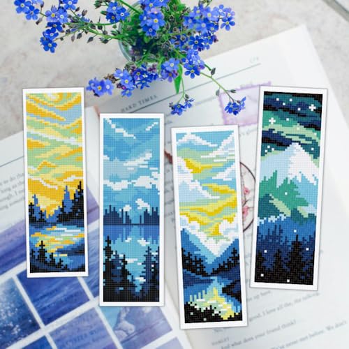 ACRNIGHEET 12PCS Cross Stitch Bookmark Kit for Adult Beginners, Landscape Pattern Stamped Embroidery Bookmark, Needlework Kit with Instructions, Size 8.5''x3'' - style: Landscape Patterns