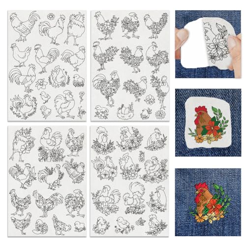 INFUNLY 58pcs Flowers and Chickens Water Soluble Embroidery Patterns Animals Plant Wash Away Stabilizer for Embroidery 4 Sheets Hand Sewing Stabilizers with Printed Rooster Patterns for Hand Crafters - color: Flowers and Chickens