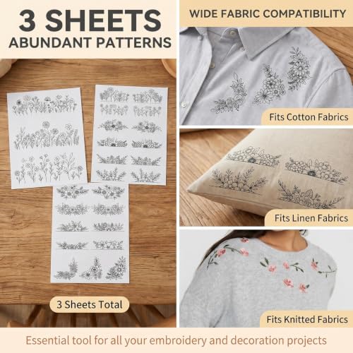 3 Sheets Floral Water Soluble Embroidery Patterns Stabilizers