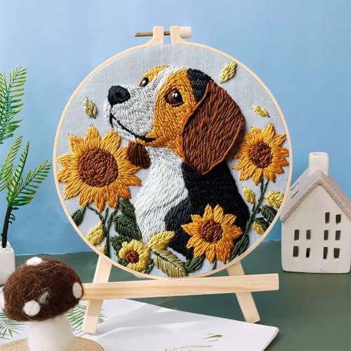 Punch Needle Kits Beagle Dog in Sunflowers 20x20cm-1