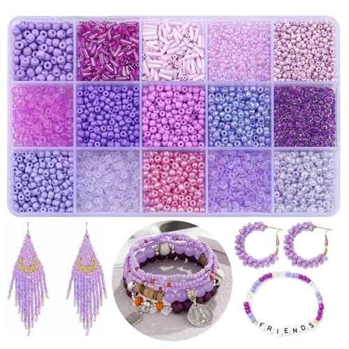 15 Color Glass Seed Tube Bugle Beads Bracelet Jewelry Making Kit,Purple - color: light purple