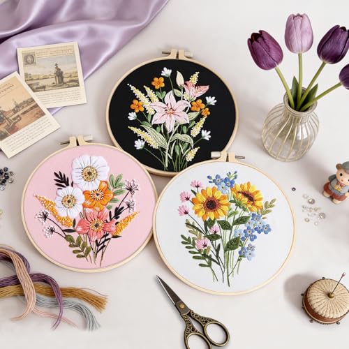 Uniartfy 3 Sets Embroidery Kit for Adults, Flower Pattern Embroidery Practice Kits for Beginners, Needlepoint Cross Stitch Kits Include Hoop, Colorful Threads, Tools, Easy to Learn Video & Instruction - color: Embroidery Kit-G