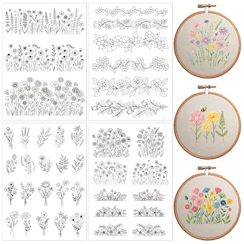 Water Soluble Embroidery Patterns Stabilizers, 5 Sheets 43 Pcs Flower Stick and Stitch Embroidery Papers Wash Away, Pre-Printed Long Rattan Floral Pattern Transfers for Hand Sewing Lovers Beginners - size: Flower B