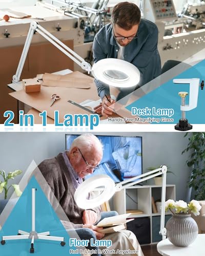 15X Super Bright 2,200 Lumens Magnifying Glass with Light and Stand, Floor Lamp with 5 Wheels Rolling Base for Lash Estheticians, Stepless Dimmable, LED Lighted Magnifier for Sewing Crafts - White - color: White