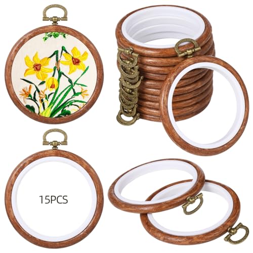 15 PCS Round Embroidery Hoops - 3.7 Inches Imitated Wood Circle Rubber Hoop Frames, Cross Stitch Ornament Hoop Ring, Hanging Wood-Like Frame for DIY Embroidery Art Craft Sewing