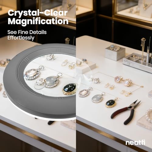 Neatfi XL Bifocal LED Magnifying Lamp, 7” Acrylic Lens, 2.25X/6X Magnification, 1,600 Lumens Dimmable | Hands-Free Close Work | Crafting, Jewelry & Reading (Silver, 7-inch Lens, Non-CCT with Clamp) - color: Silver, size: 7-inch Lens, Non-CCT with Clamp