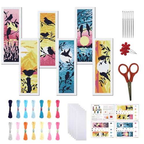 FREEBLOSS 6 Set Cross Stitch Bookmark Kit 11 CT Complete Cross Stitch Kit DIY Embroidery Bookmark Kits for Adult Beginners with Instructions, Bird and Flower Pattern, 6 x 20 cm/8" x 2.4" - style: Birds Branches