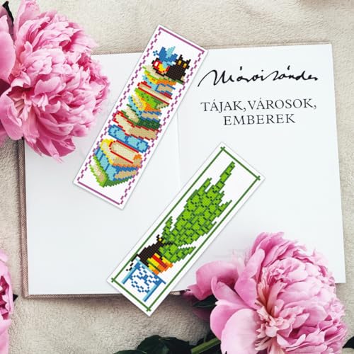INFUNLY 6pcs DIY Cross Stitch Bookmark Kit Plant Stamped Embroidery Bookmark Kits Instruction Included 8.7x3.1 Black Cat Easy Cross Stitch Kits for Adults Beginners Book Needlepoint Bookmark Kit - style: Plant Book