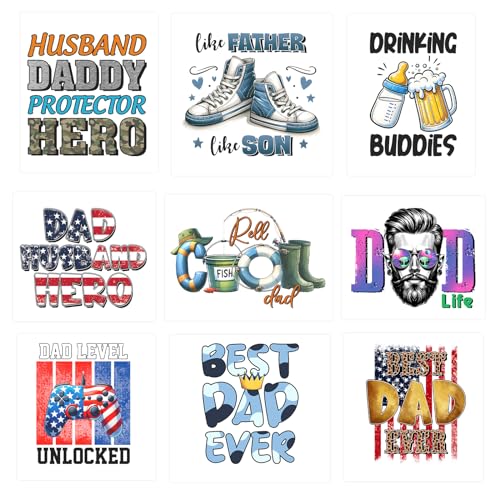 9pcs Dad Best Dad Ever Father Iron On Decals Thermal Transfer Stickers for Clothing Appliqued Sublimation Patches Iron On Transfer Designs Heat Press Vinyl for Shirts Pillow Covers - style: 9PCS-C01(Small)