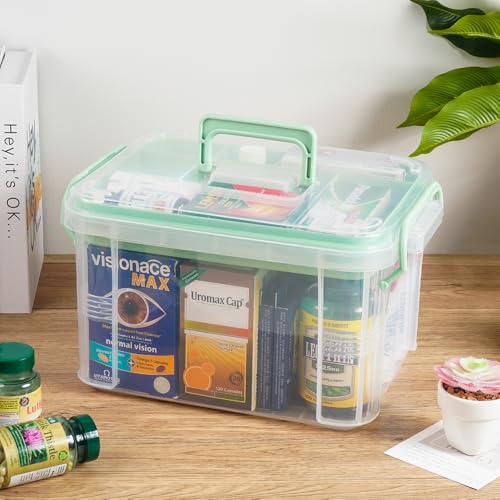 2-Tier Medicine Organizer - Plastic Portable Storage Box with Handle Green - color: Green