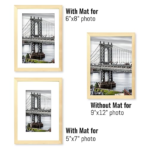 9x12 or 6x8/5x7 Solid Wood Frame with Mat/Matless for Wall Mount or Table Top (Natural) - color: Natural, size: 9x12 inch
