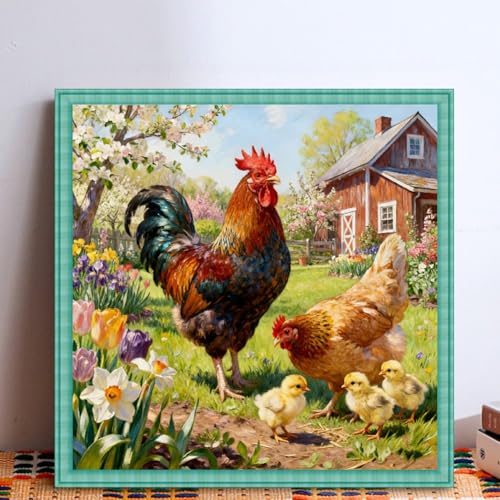 KYOQFVN Farm Counted Cross Stitch Kits for Adults, Rooster Stamped Cross Stitch Kits, Needlepoint Cross-Stitch Patterns Embroidery Kits Arts and Crafts for Home Decor 14×14Inch - color: SZXFARM-US