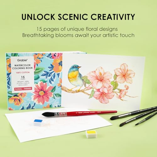 Grabie Watercolor Coloring Book, 15 A5 Cotton Sheets, Flower Themed - color: Floral