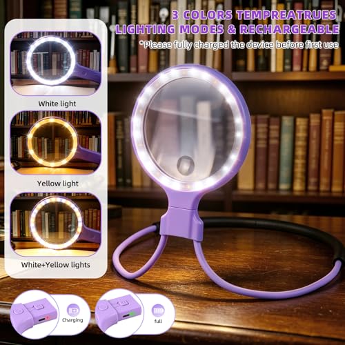 Dilzekui 5X&10X Neck Handheld 2-in-1 Magnifying Glass for Reading w/Light - color: Purple