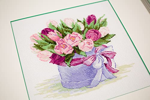 RIOLIS - Tulips Hat Box 2003, Floral Cross Stitch Kits 7¾"x7¾, Cross Stitch Kits for Beginners & Advanced, Crossstitching Kits Adult, Counted Stitching Kits, Flowers Embroidery Kit - style: Tulips Hat Box 2003