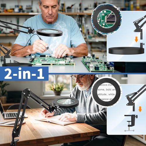 HITTI 10X Magnifying Glass with Light, 1,800 Lumens Stepless Dimmable - color: Black, size: 10X 9.06 INCH Base & Clamp