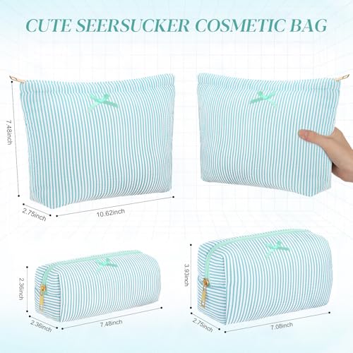 Sanwuta 3 Pcs Seersucker Pouch Cosmetic Bag Set,Mint Green - color: Mint Green