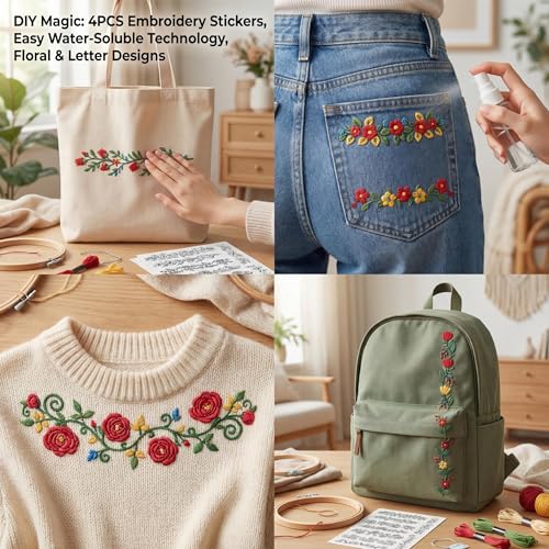 ZJO Flower Vine Embroidery Pattern Stabilizer, 8 Sheets Stick and Stitch Embroidery Paper Patterns, Wash Away Embroidery Stickers for Beginners, 8.3 x 11.7 Inches