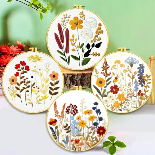 Zhenqing Floral Embroidery Kit - 4 Piece 29x29cm Round Hoop Art Set with Pre-Printed Cotton Fabric, Embroidery Hoop, Threads & Tools for Beginners (C0010) - color: C0010