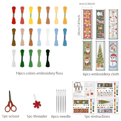 FREEBLOSS 6 Set Cross Stitch Bookmark Counted Cross Stitch Kit with 6 Different Christmas Patterns Embroidery Kit with Instruction DIY Bookmark Kit for Gift Adults 8''x2.4'' - style: Christmas