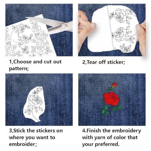 BENECREAT 4 Sheets Roses Sewing Embroidery Stabilizers, 42pcs Flowers Embroidery Paper with Pre-Printed Water Soluble Stabilizer for Embroidery Hand Sewing Lover Beginners - color: Roses