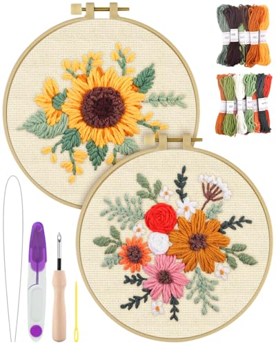 ERKOON Punch Needle Kit Adults Beginners, 2 Pcs DIY Easy Flower Embroidery Set for Starter Art Craft, Needling Punching Project with Patterns, Tools, Yarns, Hoop, Instruction (Colorful Flowers) - color: Colorful Flowers