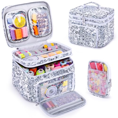AMOIGEE Large Sewing Basket with 2 Detachable Pouches & Removable Dividers - color: Garden Harvest