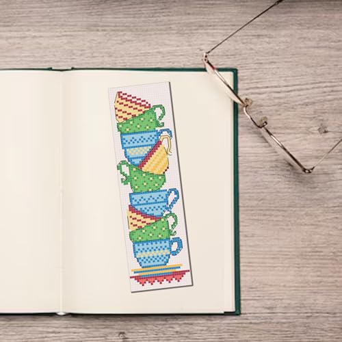 FREEBLOSS 6 Set Cross Stitch Bookmark Kits Book Teacup Pattern Stamped Cross Stitch Kit 11CT Embroidery Kit with Instructions for Beginners 20x6cm/8x2.4inch - style: Traditional