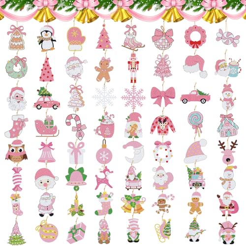 Hungdao 64 Pcs Diamond Art Christmas Ornaments Kits Diamond Art Painting Kits DIY Keychains for Adults 5d Bulk Winter Hanging Ornament Snowman Santa Claus Home Xmas Tree Craft Gift Decor(Classic Pink) - style: Classic Pink