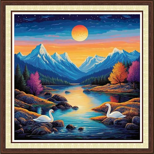 Findvoor Counted Cross Stitch Kits for Adults Full Range of Cross Stitching Embroidery Unprinted Pattern for Beginners, 11CT Needlepoint Kit Patterns Embroidery Kits-Moonlight Swan 18x18 inch - color: ColorCraft21