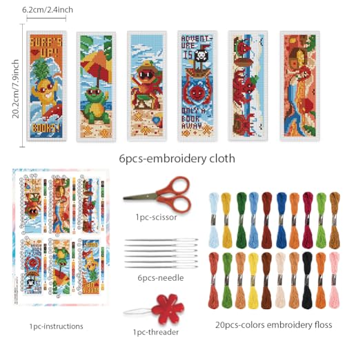 BEUNITONE 6 Pcs Cute Animals Cross Stitch Bookmark Kit for Beginner Adults DIY Beach Stamped Embroidery Bookmark Kits with Instruction for Starters Printed Cross Stitch Kits for Book Lover 8''x2.4'' - style: Fun Seaside