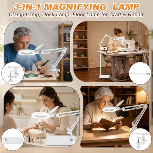 15X Magnifying Lamp with Light, 3-in-1 LED Lighted Magnifying Glass Desk Clamp Floor Stand,Optical Glass，Stepless Dimming，Lighted Magnifiers for Close Work,handicrafts, Repair,Reading, White - color: White