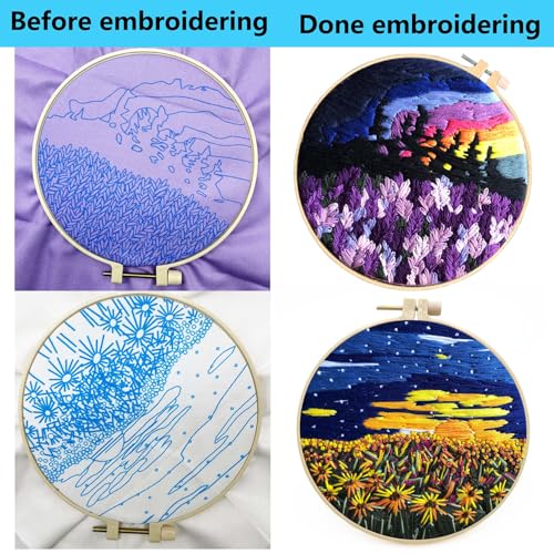 Allazone 2 Sets Embroidery Kit for Beginners, Stitch Practice Kits for Craft Lover Hand Stitch with Embroidery Fabric with Stamped Pattern, Starter Stitch Kits Suitable for Adults (Sunset) - color: Sunset