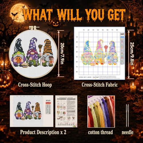 VIGEGU Gnome Stamped Cross Stitch Kits for Adults Beginners with Hoop Frame - color: Halloween Gnome Cross Stitch with Framed