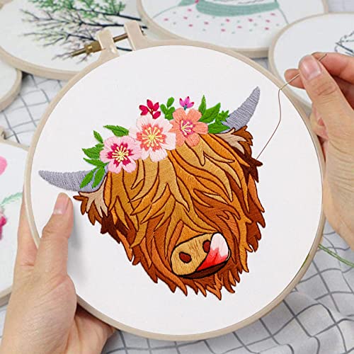 Louise Maelys Highland Cow Stamped Embroidery Kit Floral DIY Craft - color: kit-17