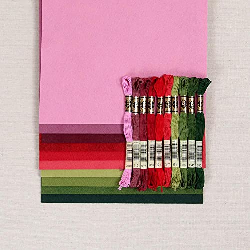 Benzie Design Wool Felt, 10 pcs 9"x12" with Matching DMC Embroidery Floss in Holiday Colors, 1 mm Thick, Soft & Pliable, Wool Blend Felt, The Cottage 9"x12" & Floss