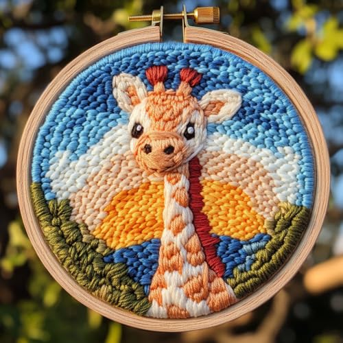 DIY Punch Needle Kits Cartoon Giraffe Sunset with Hoop 20x20cm-1 - color: 10-Giraffe