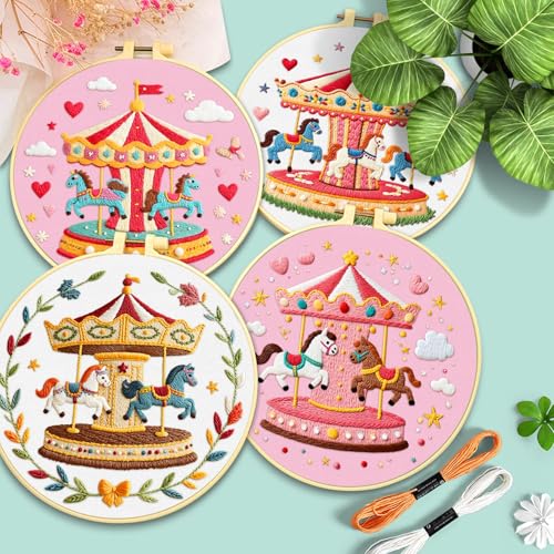 ERKOON 4 Set Embroidery Kit for Beginners, Cross Stitch Set Include Embroidery Cloth Hoops Threads for Craft Lover Hand Stitch with Embroidery Skill Techniques (Carousel) - color: Carousel