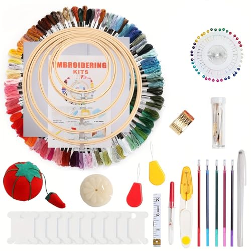 Huacan Embroidery Kit 204 Pcs,100 Colors Threads, 5 Pcs Embroidery Hoops,3 Pcs Aida Cloth, Cross Stitch Tools and Embroidery Starter Kit for Adults and Beginners