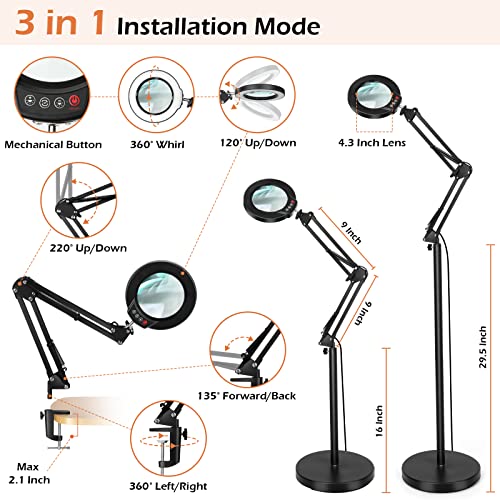 Real Glass Magnifying Glass with Light and Stand, LED 5 Color Modes, Stepless Dimmable Magnifying Floor Lamp, 3-in-1 Adjustable Swing Arm Lighted Magnifier Lamp with Clamp for Reading, Craft - Black - color: Black