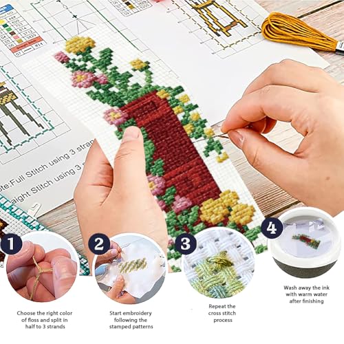 ACRNIGHEET 6PCS Stamped Cross Stitch Bookmark Kit for Beginners Flower 11CT - style: Book Flower Patterns