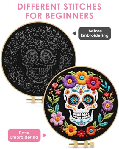 TINDTOP Embroidery Kit for Adult Beginners, Embroidery DIY Starter Kit, with Stamped Patterns, Hoop, Tools, Colorful Threads with Needles, Instructions (Skeleton B) - color: Skeleton B