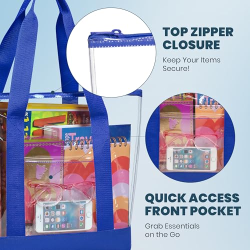 Handy Laundry Clear Tote Bag - Zipper Closure, Long Shoulder Strap, Fabric Trimming. - color: Blue