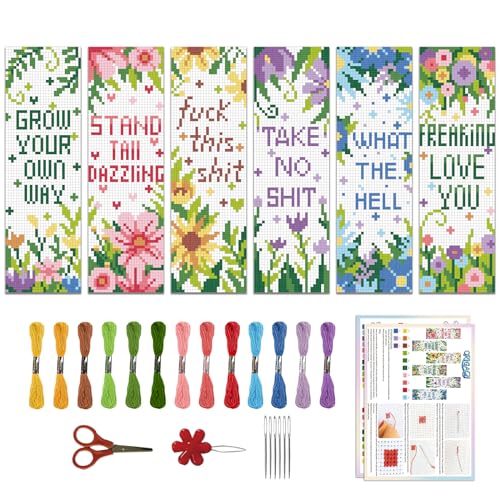 ORIGACH 6 Set Flowers Sayings Cross Stitch Bookmark Kit for Beginner - style: Flowers Sayings