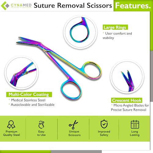 Cynamed Suture Stitch Scissors with Multicolor/Rainbow Titanium Coating (Angled Hook) - style: Angled Hook