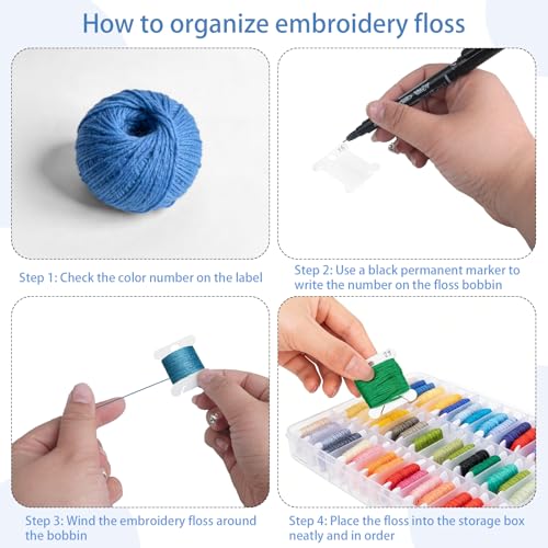 ENIPEDITA 610 Pcs Embroidery Floss Organizer Kit, 4 Removable 24 Grid Thread Storage Boxes, 600 Plastic Bobbins 3 Bobbin Winders, 3 Twin Tip Markers for Craft Storage, DIY Sewing, Cross Stitch