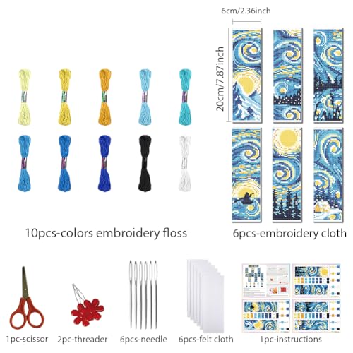 FREEBLOSS 6 Set 11CT Cross Stitch Bookmarks Kit Starry Sky 8x2.4inch - style: Star Night