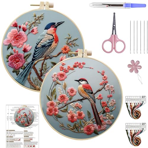ARTopet 2Pcs Embroidery Kit for Beginners Cross Stitch Kits Needlepoint Set Colorful Bird Patterns Embroidery Thread Kit for Craft Lover Hand Stitch with 7.87in Hoop Threads Fabric-Birds01 - color: 2Pcs Birds01