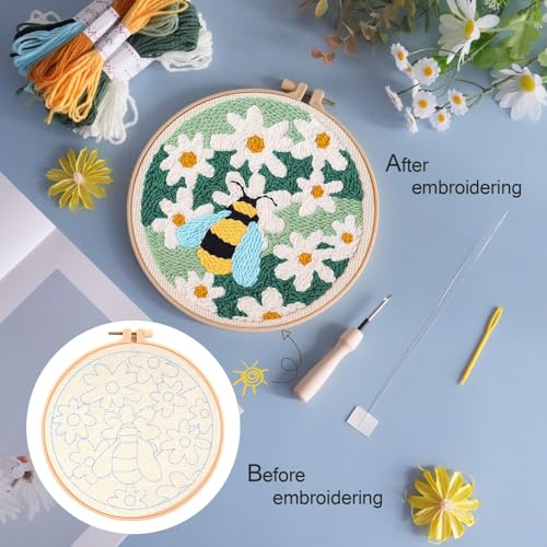 KESTAR Punch Needle Embroidery Starter Kits, Bee and Daisy Flower Punch Needle Kits for Adults Beginner, Needle Punch Kit Tool with Instruction Threader Fabric Yarns and Hoop - color: Yellow Bee