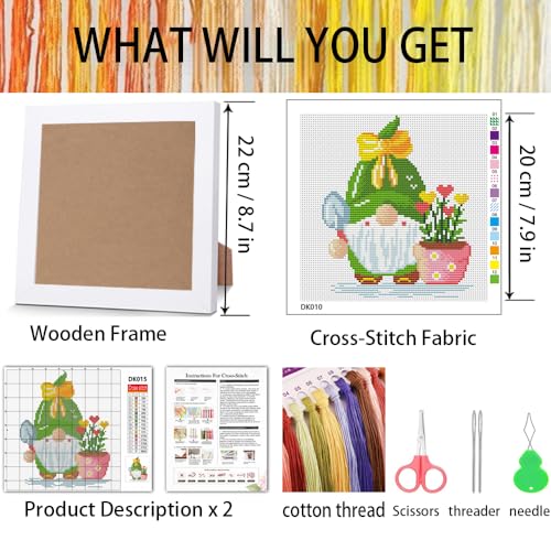 Gnomes Stamped Cross Stitch Kits for Adult Beginner with Wooden Frame - color: Gnome Plants
